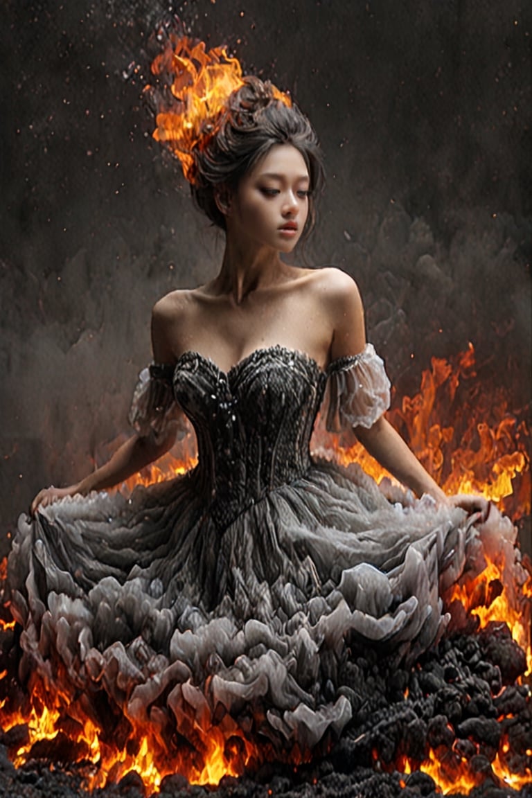 Beautiful female, made with black on white smoky layers, floating embers,  surrealism,faize