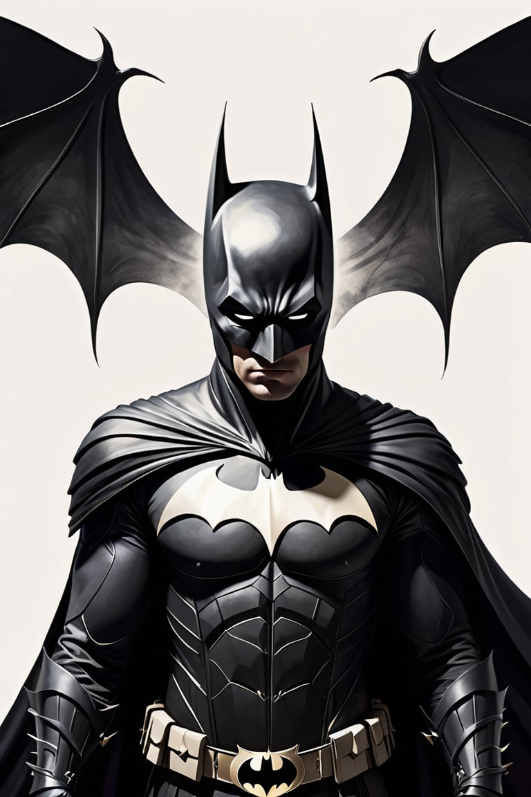 A captivating black fineline art illustration on a pristine white background, featuring the legendary Batman with his iconic outfit and piercing white eyes. The intricate details of his attire, composed of ethereal bats, seamlessly blend a semi-minimalistic aesthetic. Batman's silhouette is elongated, fading into a vanishing point, creating a mystical atmosphere. The overall composition is an otherworldly masterpiece, blending dark fantasy, illustration, portrait photography, fashion, and conceptual art., illustration, portrait photography, fashion, conceptual art, dark fantasy