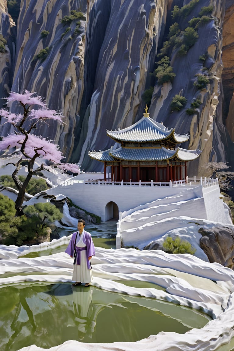 Gilding,  a man in hanfu is standing near a white manmade structure perspective,  oriental zen by Korsow on Tensor.Art