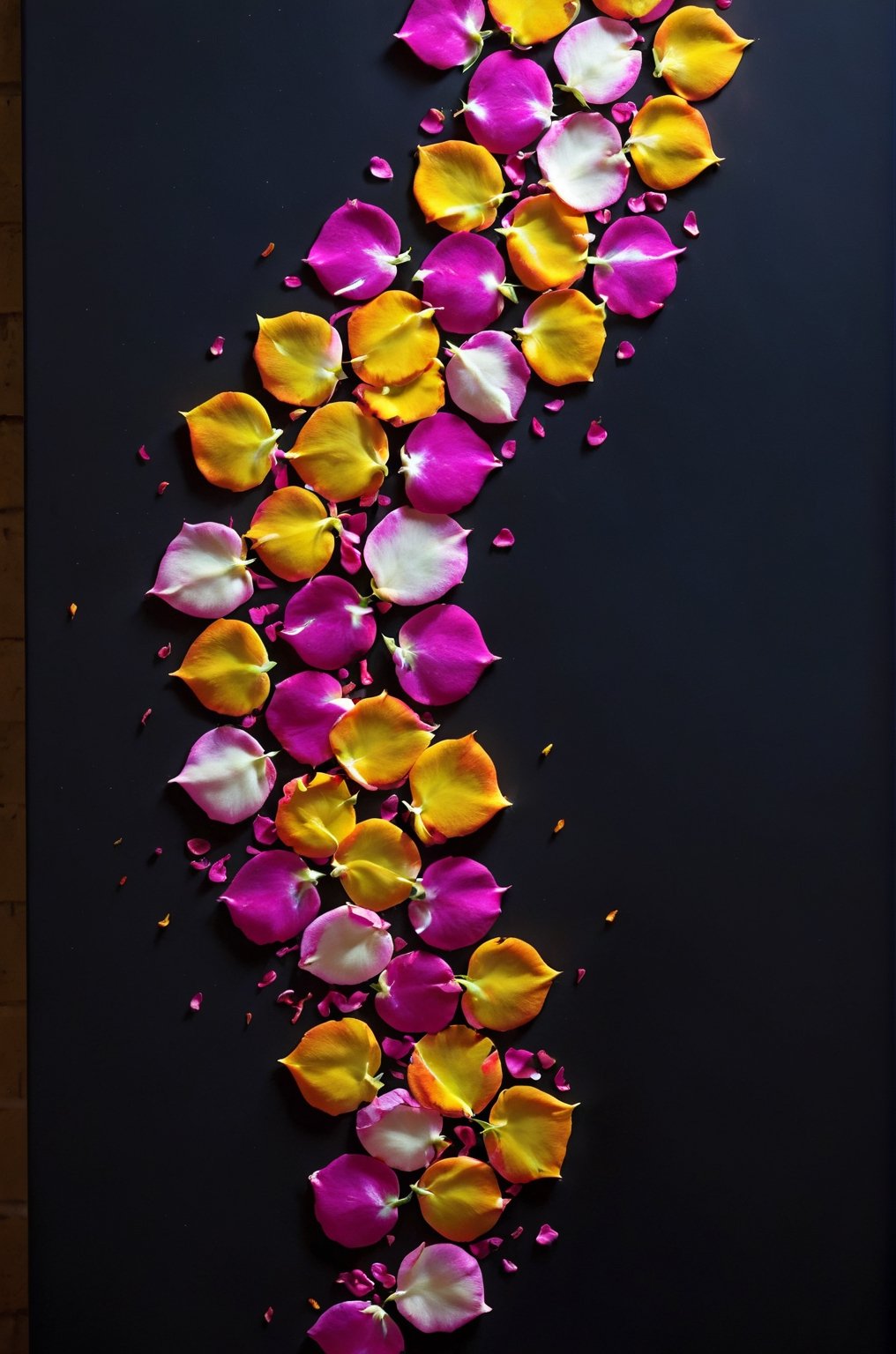 (Innovative and original abstract photograph:1.4), made of (multi-colored rose petals falling onto a black canvas:1.3) and (making up a perfect hearth silhouette:1.4), neon light, amazing artwork, serendipity art, sharp focus, intricate details, highly detailed, by God himself, ADD MORE DETAIL,glitt3r