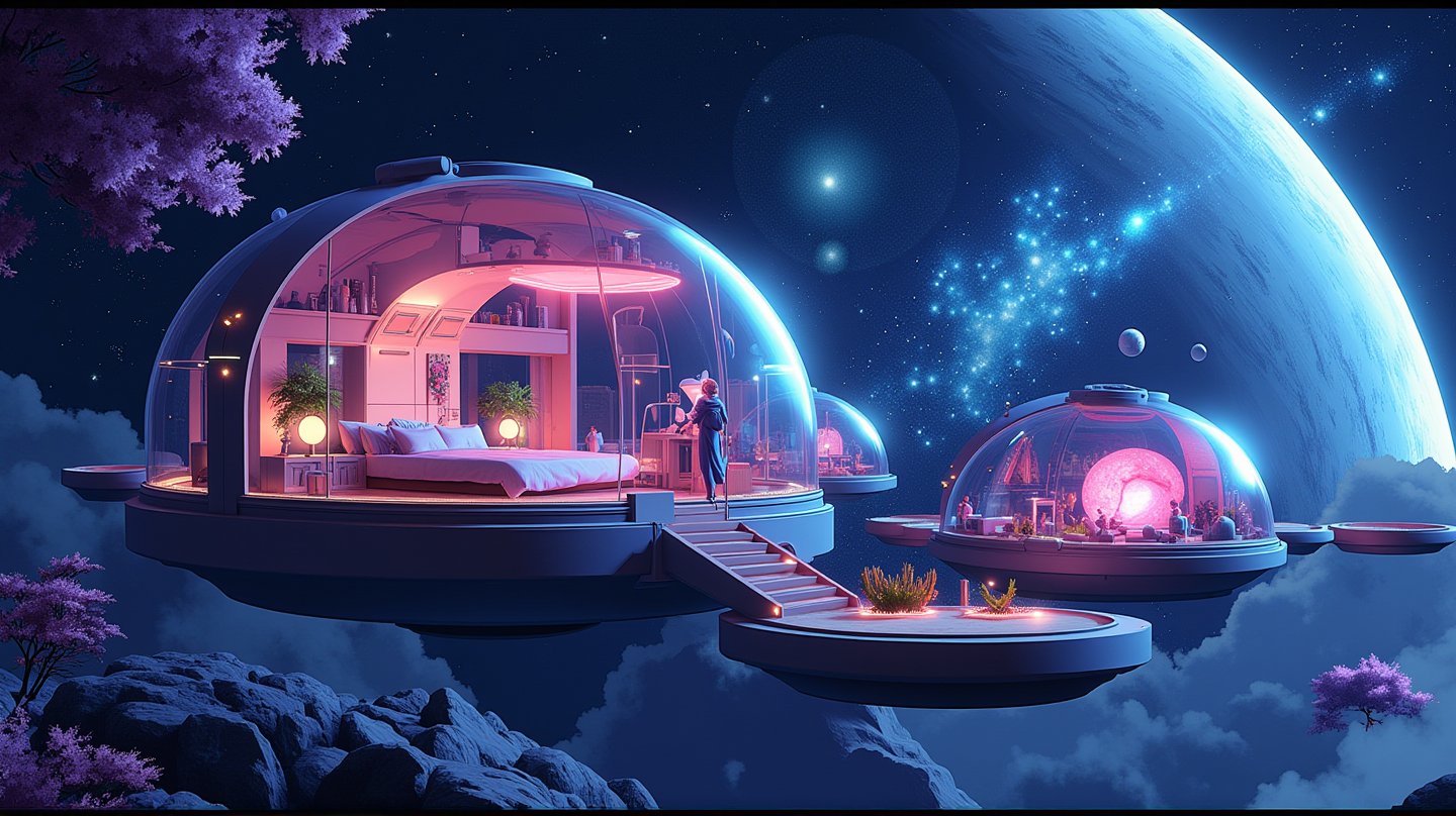 An illustration of a spherical hotel in orbit called "Cosmic Retreat." The hotel has transparent walls that showcase the starry sky. Inside the hotel, there are anti-gravity beds floating in serene cabins. There is a lush zero-gravity garden with bioluminescent plants. There are flowing display screens mapping the cosmos. There are panoramic observation decks for meteor showers. There is a unique "space menu" in a futuristic cafe. The hotel uses eco-friendly technology to recycle water and air. There are immersive virtual tours to distant planets.,vibrant painting,noc-isometric