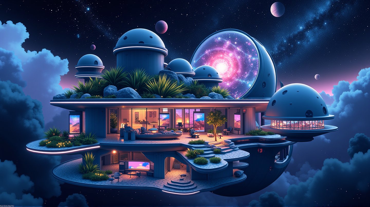 An illustration of a spherical hotel in orbit called "Cosmic Retreat." The hotel has transparent walls that showcase the starry sky. Inside the hotel, there are anti-gravity beds floating in serene cabins. There is a lush zero-gravity garden with bioluminescent plants. There are flowing display screens mapping the cosmos. There are panoramic observation decks for meteor showers. There is a unique "space menu" in a futuristic cafe. The hotel uses eco-friendly technology to recycle water and air. There are immersive virtual tours to distant planets.,vibrant painting,noc-isometric