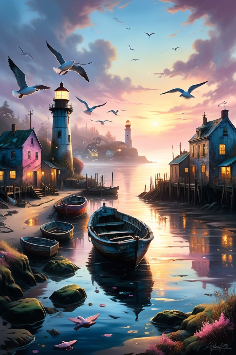 A captivating, high-quality oil painting that masterfully captures the essence of a mystical coastal village at dawn. The scene is a perfect blend of dark fantasy, wildlife photography, graffiti, and conceptual art. The luminous boat, filled with early risers, sails through the glistening, mist-covered harbor, casting a golden glow on the tranquil waters. The seagulls with glowing eyes soar above, their reflections dancing in the rippling sea. The charming, weathered buildings with intricate details line the shore, and the old lighthouse stands proudly in the foreground. The sky is a serene mix of soft pinks and deep blues, hinting at the first light of day. This artwork tells a story of mystique, wonder, and tranquility, transporting the viewer into a magical world., graffiti, wildlife photography, more detail XL