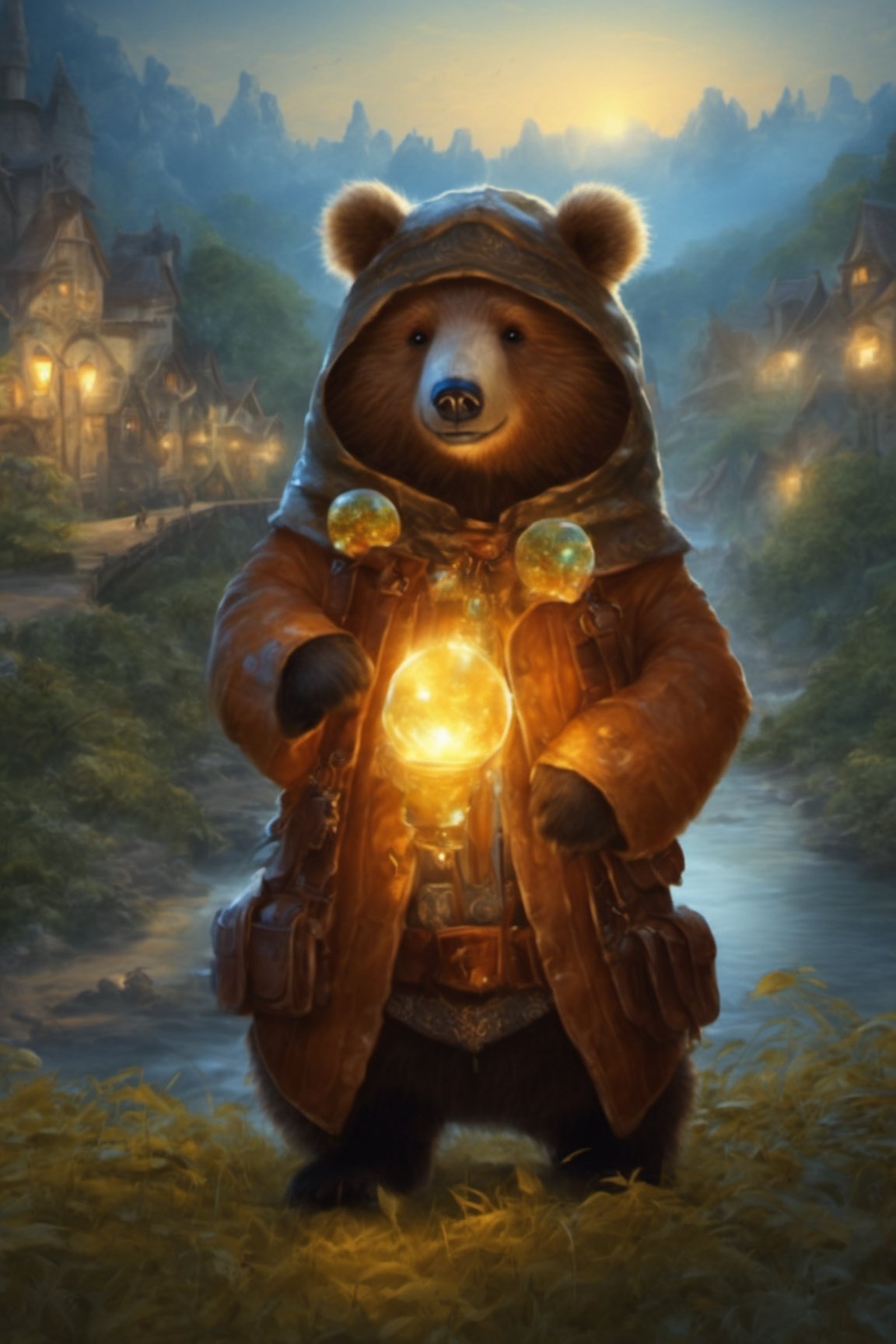 Hyper-detailed painting, Jean-Baptiste Monge style, The cute little brave bear is in the novice village, wearing adventurer clothes, splash, glittering, cute and adorable, filigree, lights, fluffy, magic, surreal, fantasy, digital art, ultra hd, hyper-realistic illustration, vivid colors, UHD, cinematic perfect light, greg rutkowski