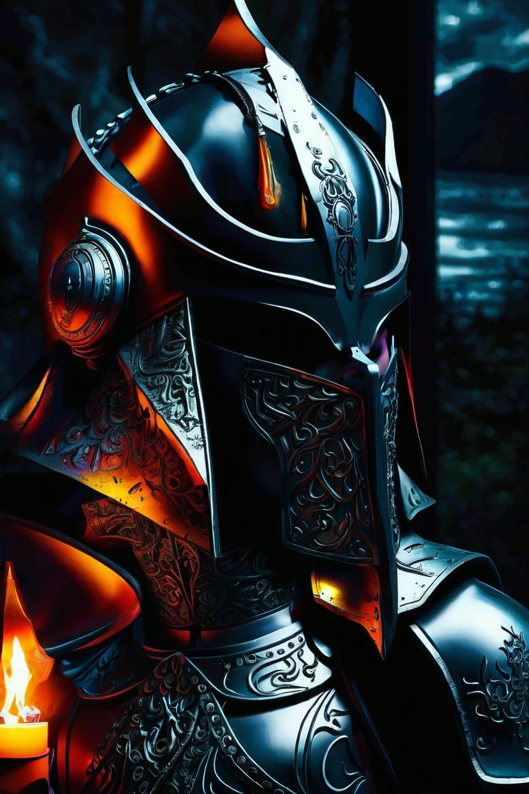 A conceptual photograph of a man made of gleaming liquid metal, in shades of gray, adorned in intricate medieval knight armor. The dark, mysterious aesthetic is highlighted with vibrant colors for a cinematic feel. The background shows a dark, mystical landscape, with typography in the foreground adding depth to the portrait. The high-quality, ultra-detailed image embodies dark fantasy in a conceptually arresting manner.