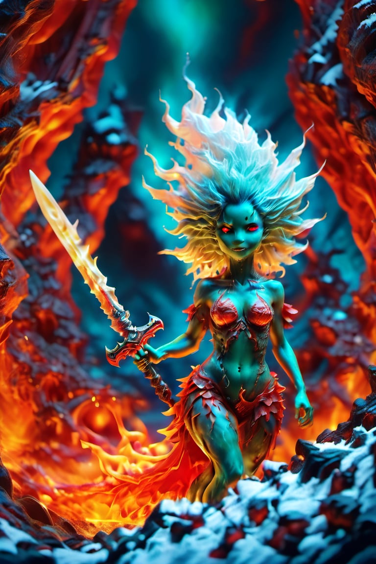 World of Warcraft, goblin woman, fangs, green skin, red eyes, sword, torn clothes, fire, drool, goblin woman, cave, snow,echmrdrgn,Disney pixar style,LegendDarkFantasy,DonMM1y4XL