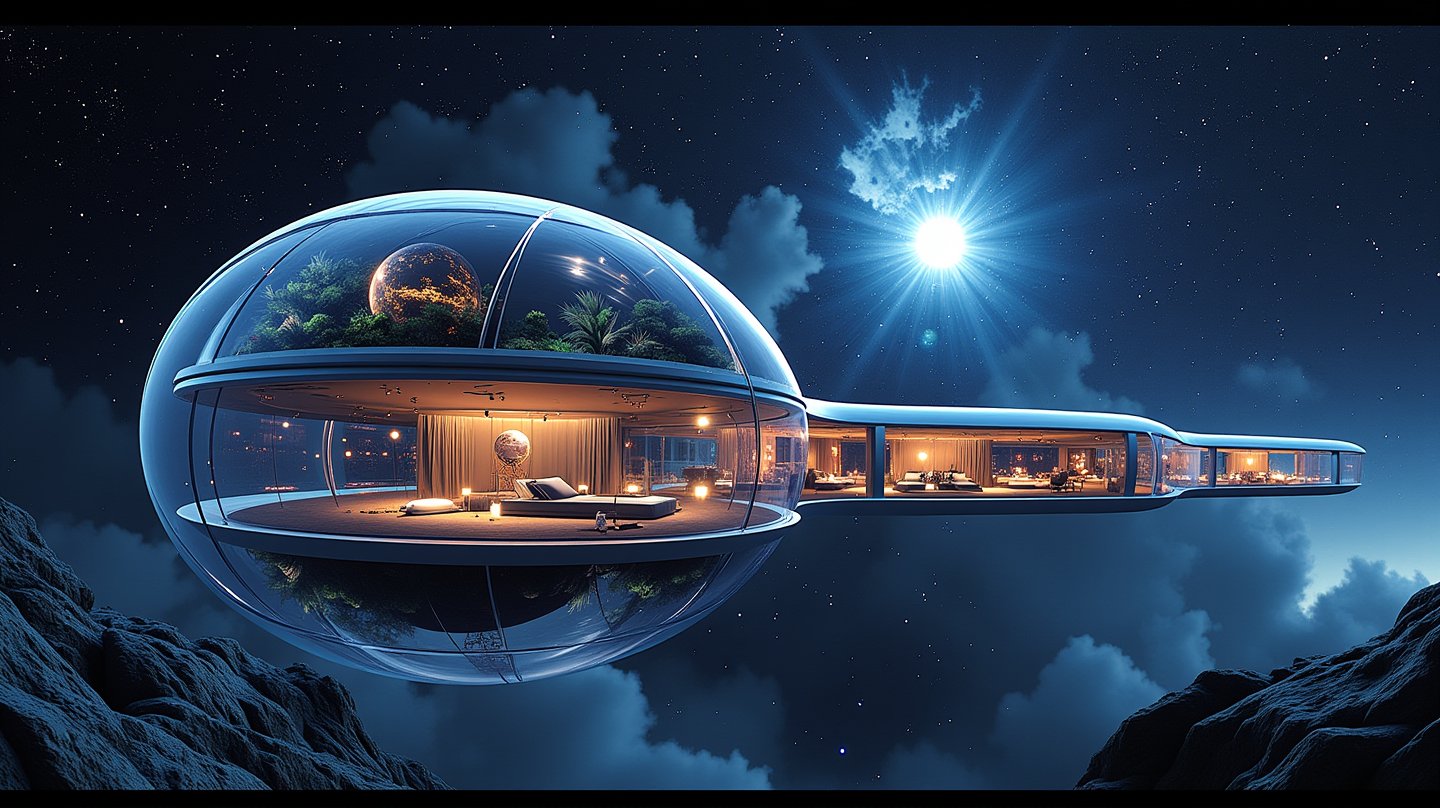 
Photo film from the 2000s of a spherical hotel in orbit called "Cosmic Retreat". The hotel has transparent walls, showcasing a starry vista of the cosmos. Inside, there are serene cabins with anti-gravity beds floating. There's a lush zero-gravity garden with bioluminescent plants. There are flowing display screens mapping the cosmos and panoramic observation decks for meteor showers. There's a futuristic cafe with a unique "space menu". The hotel uses eco-friendly technology to recycle water and air. There are immersive virtual tours to distant planets. Less

