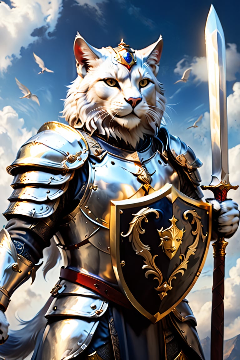 A striking digital artwork featuring a valiant silver cat, defying gravity while standing tall against a deep blue sky. The cat holds a gleaming sword and shield in its paws, reflecting its courage, determination, and combat skills. Atop the shield, a majestic golden helmet with feathers stands proudly, highlighting the cat\'s noble and knightly lineage. A golden crown rests above the helmet, emphasizing the cat-knight\'s power, dignity, and leadership qualities.\n\nSurrounding the shield, two powerful and regal silver lions stand guard on either side, showcasing their unwavering strength and support for their fearless comrade. This captivating and cinematic image is a breathtaking blend of vibrant colors, conceptual art, and dark fantasy elements, evoking a sense of wonder and awe. The overall composition is a stunning 3, dark fantasy, photo, painting, cinematic, 3d render, illustration, conceptual art, vibrant, poster, product