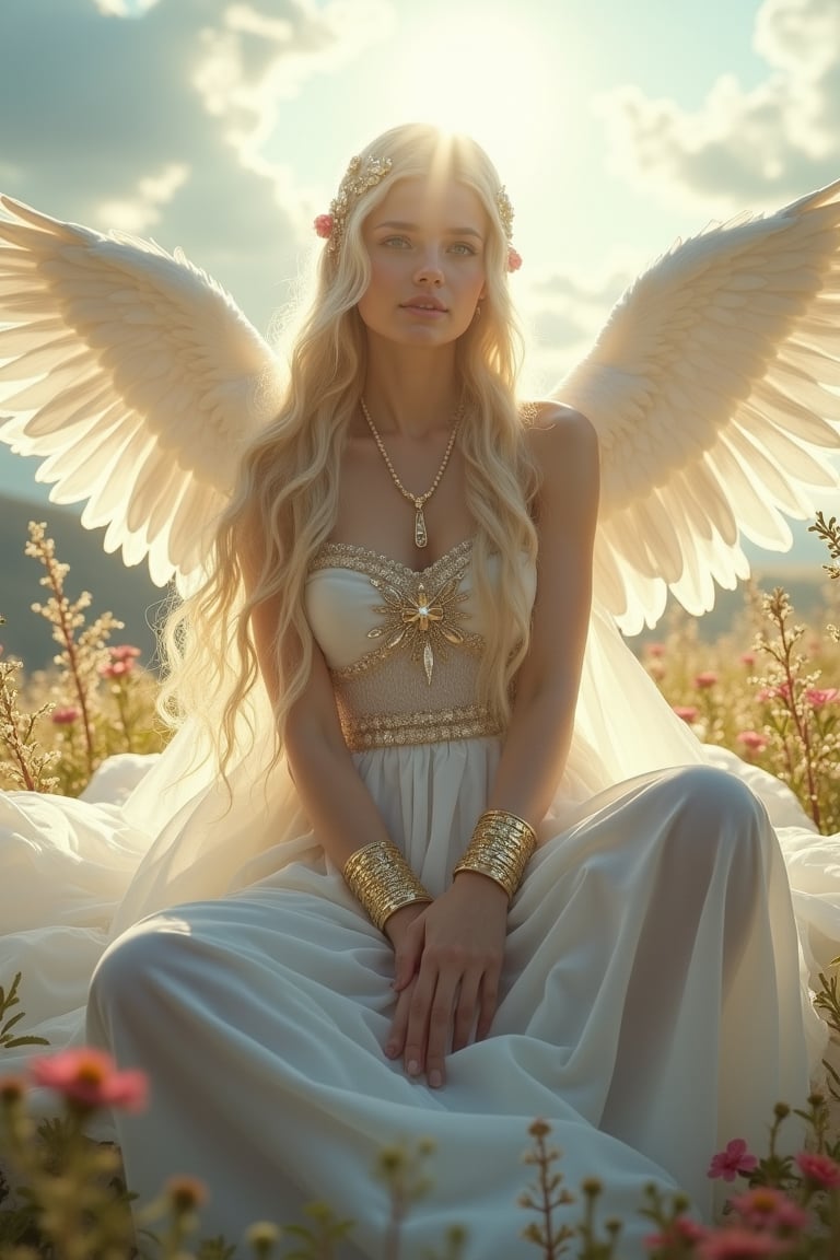 

The Divine Maiden seated on a billowy cloud, long blonde braids cascading elegantly, striking grey eyes sparkling with ethereal wisdom, snow-white luminous skin radiating an otherworldly glow, transparent veil adorned with shimmering crystals fluttering gently, delicate and airy divine garments layered with elements of crystal, intricate gold bracelets adorning arms and legs, magnificent angel wings unfurling in pure light, vibrant sun rays filtering through, illuminating her presence, lush floral meadow beneath, creating an atmosphere of serene love and tranquility, wide-angle view showcasing the heavenly realm.
