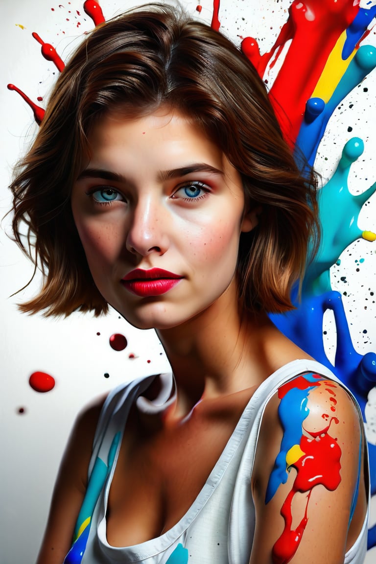 A stunning realism 3D render, professional photo ISO-150 of a young girl with short, brown hair and striking blue eyes. She wears a sleeveless white top, and her vibrant red lips add a bold pop of color. The background is a creatively abstract canvas of white and subtle paint splatters, providing an artistic atmosphere. The overall feel of the image is vivid and captivating, showcasing the artist's skill in creating a dynamic portrait., lowkey portrait of, Hunyuanportrait