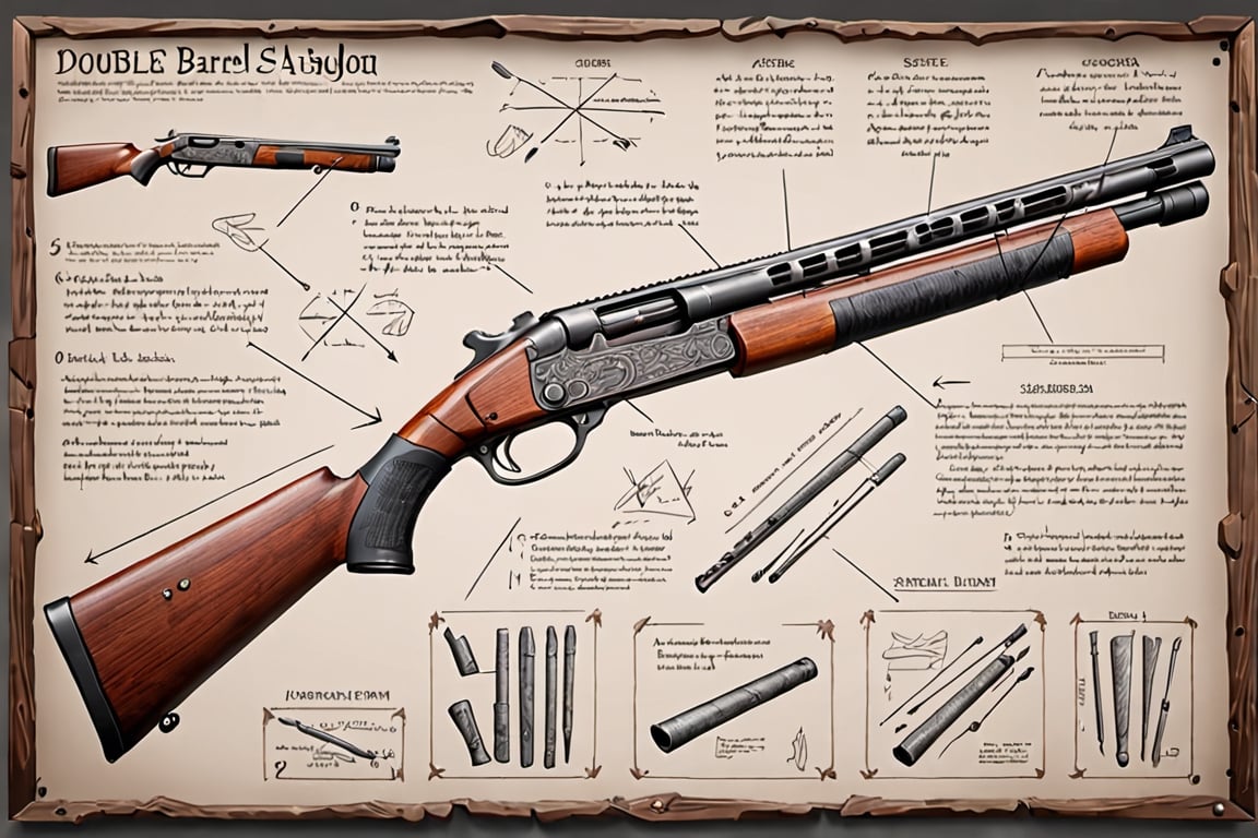 board with a detailed assembly instruction of a double barrel sawn off shotgun, written descriptions, arrows and sketches