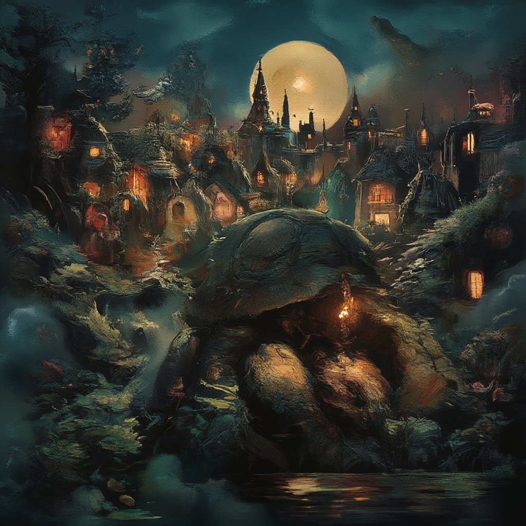 Moonlit Realm: A majestic turtle navigates through a veil of misty darkness, its shell transformed into a Gothic castle with intricate spires and arches aglow under the lunar light. The air is heavy with mystery as lush foliage surrounds the scene, blending rich textures with whimsical realism. Deep shadows and radiant highlights evoke an otherworldly atmosphere, reminiscent of Boris Vallejo's mystical realms.,vibrant painting,tangtengpho