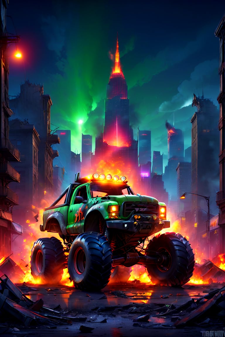 Raze the ruins: A behemoth of a monster truck, forged from twisted metal and fueled by fury, crashes through the desolate streets of a post-apocalyptic metropolis. Amidst the wreckage, a lone survivor grasps a rifle, eyes fixed on the horizon. The air is thick with the stench of decay as darkness descends, casting long shadows across crumbling skyscrapers. In this ultra-detailed, UHD-worthy scene, gunmetal gray and rust red tones dominate, punctuated by flashes of neon green from twisted wiring. приглушенное освещение plunges the viewer into a world of perpetual twilight, where only the strongest will survive.