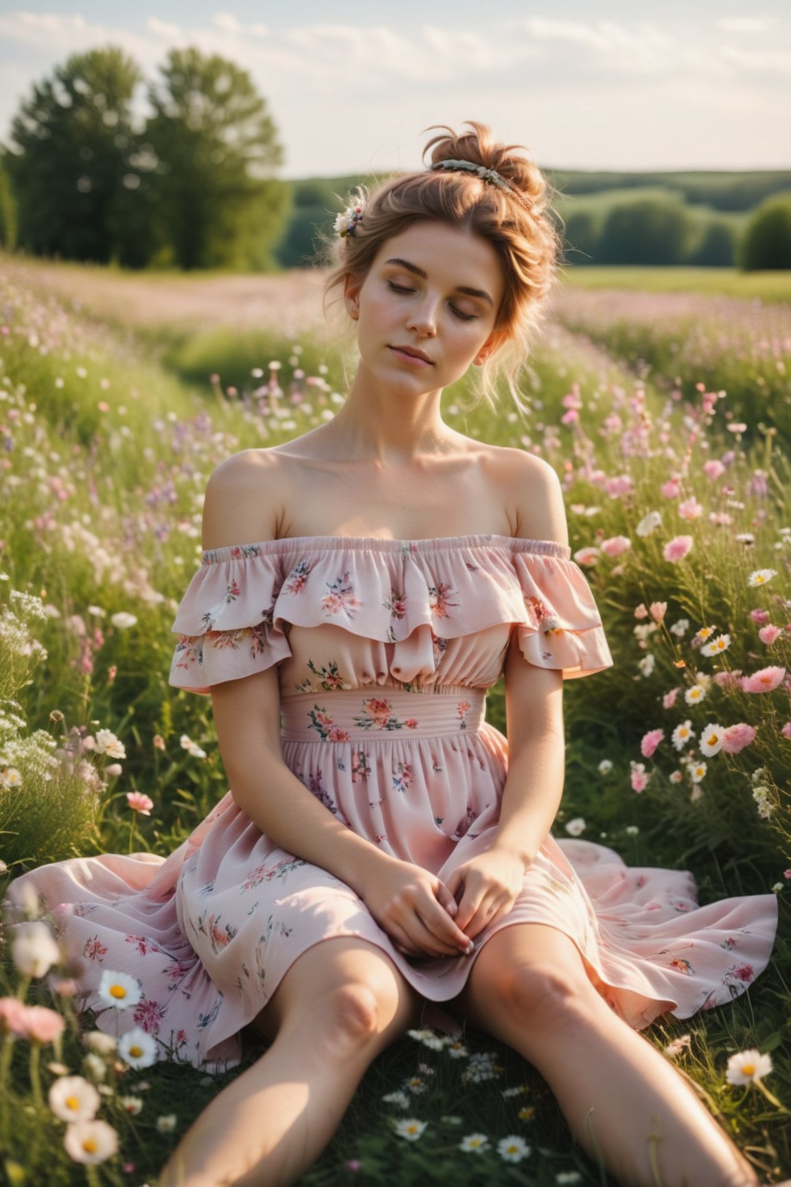 Soft focus captures the serene scene: a young woman sits amidst a sea of wildflowers, her hands deftly weaving a wreath of blooms. She wears a delicate light pink and white off-the-shoulder dress adorned with printed flowers, perfectly complementing her rosy locks gathered in a high bun, with loose strands framing her face. Summer sneakers clad her legs, while the warm sunlight casts a gentle glow on her peaceful pose amidst the vibrant meadow.