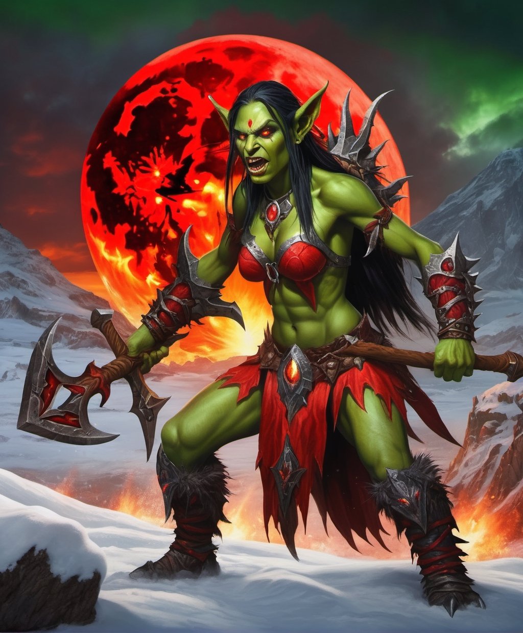 (Raw Photo:1.3) of (Ultra detailed:1.3) , (monster) World of Warcraft, goblin woman, fangs, green skin, red eyes, sword, torn clothes, fire, drool, goblin woman, cave, snow, red moon with red lightning background scene, realistic dark fantasy art,Highly Detailed