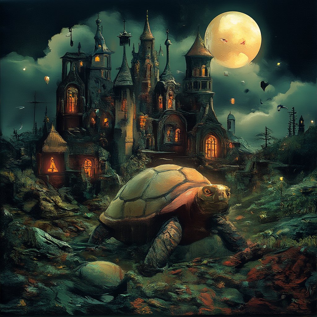 Moonlit Realm: A majestic turtle navigates through a veil of misty darkness, its shell transformed into a Gothic castle with intricate spires and arches aglow under the lunar light. The air is heavy with mystery as lush foliage surrounds the scene, blending rich textures with whimsical realism. Deep shadows and radiant highlights evoke an otherworldly atmosphere, reminiscent of Boris Vallejo's mystical realms.,vibrant painting,tangtengpho