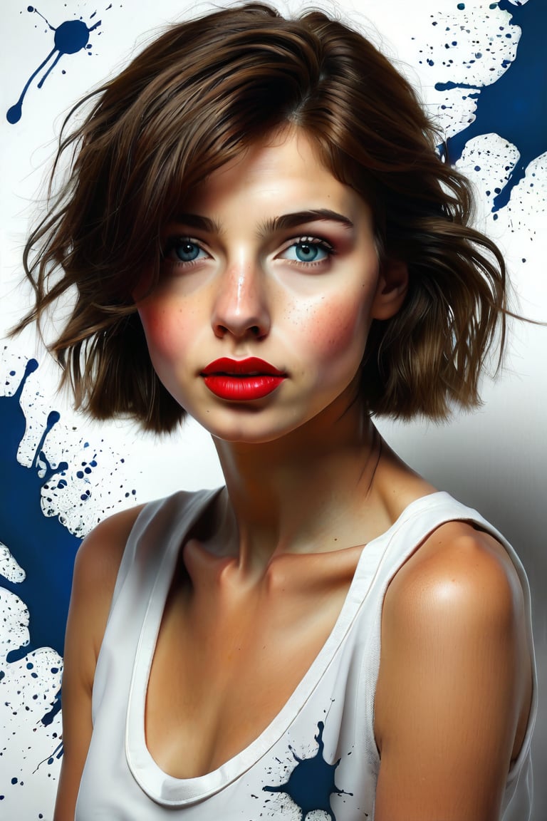 A stunning realism 3D render, professional photo ISO-150 of a young girl with short, brown hair and striking blue eyes. She wears a sleeveless white top, and her vibrant red lips add a bold pop of color. The background is a creatively abstract canvas of white and subtle paint splatters, providing an artistic atmosphere. The overall feel of the image is vivid and captivating, showcasing the artist's skill in creating a dynamic portrait., lowkey portrait of, Hunyuanportrait