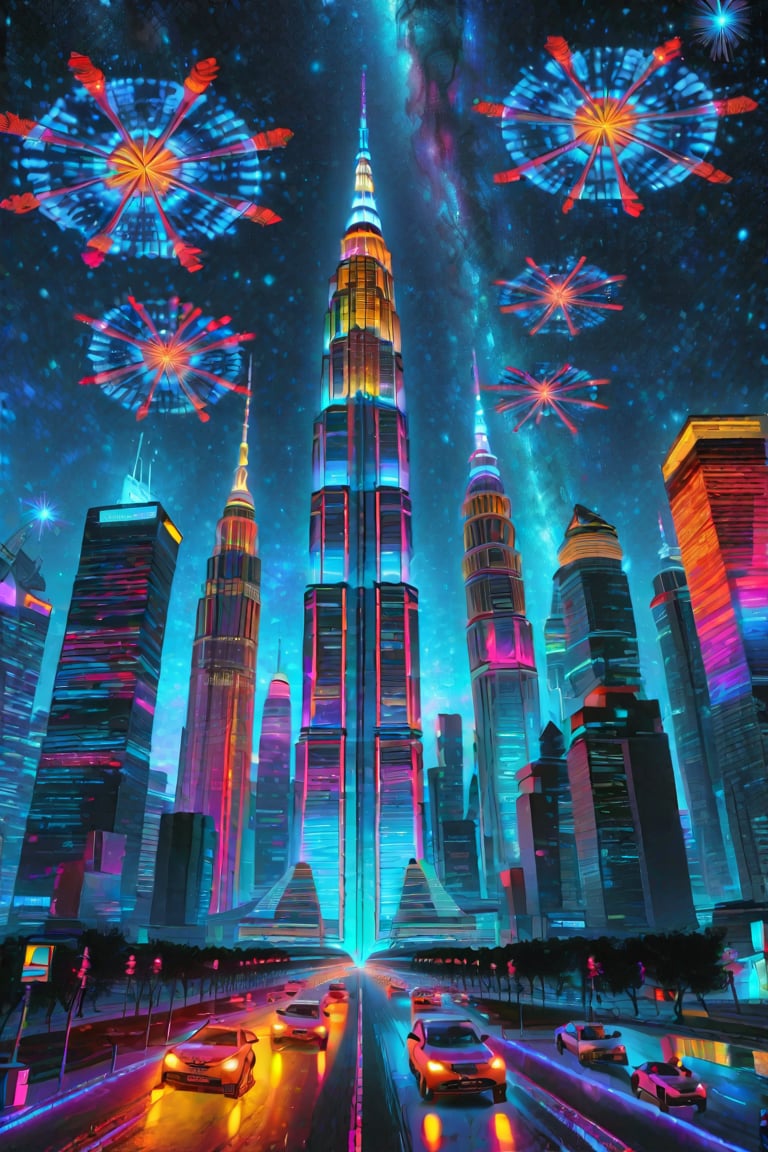 A futuristic metropolis rises against a star-speckled night sky, where skyscrapers resembling crystalline spires pierce the heavens. Vibrant light panels etch mesmerizing patterns on buildings, radiating a kaleidoscope of colors. Below, aerial vehicles - flying cars and drones - navigate the streets, casting an otherworldly glow. The city's neon-hued landscape is set against a celestial canvas, as if plucked from the vivid imagination of Sidney Medley's futuristic masterpieces., lowkey portrait of,Ap0l0gr4ph1c