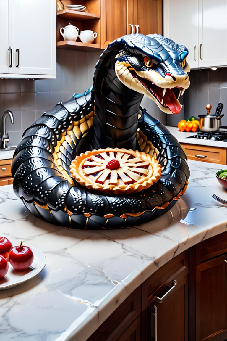 Pie in the form of a big and bad cobra, Cobra has opened its hood, kitchen art, ultra quality, ultra details