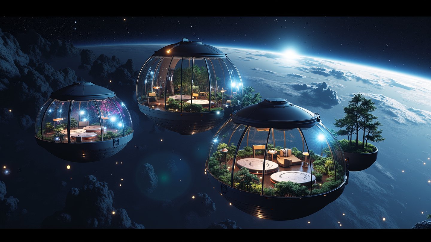 
Photo film from the 2000s of a spherical hotel in orbit called "Cosmic Retreat". The hotel has transparent walls, showcasing a starry vista of the cosmos. Inside, there are serene cabins with anti-gravity beds floating. There's a lush zero-gravity garden with bioluminescent plants. There are flowing display screens mapping the cosmos and panoramic observation decks for meteor showers. There's a futuristic cafe with a unique "space menu". The hotel uses eco-friendly technology to recycle water and air. There are immersive virtual tours to distant planets. Less

