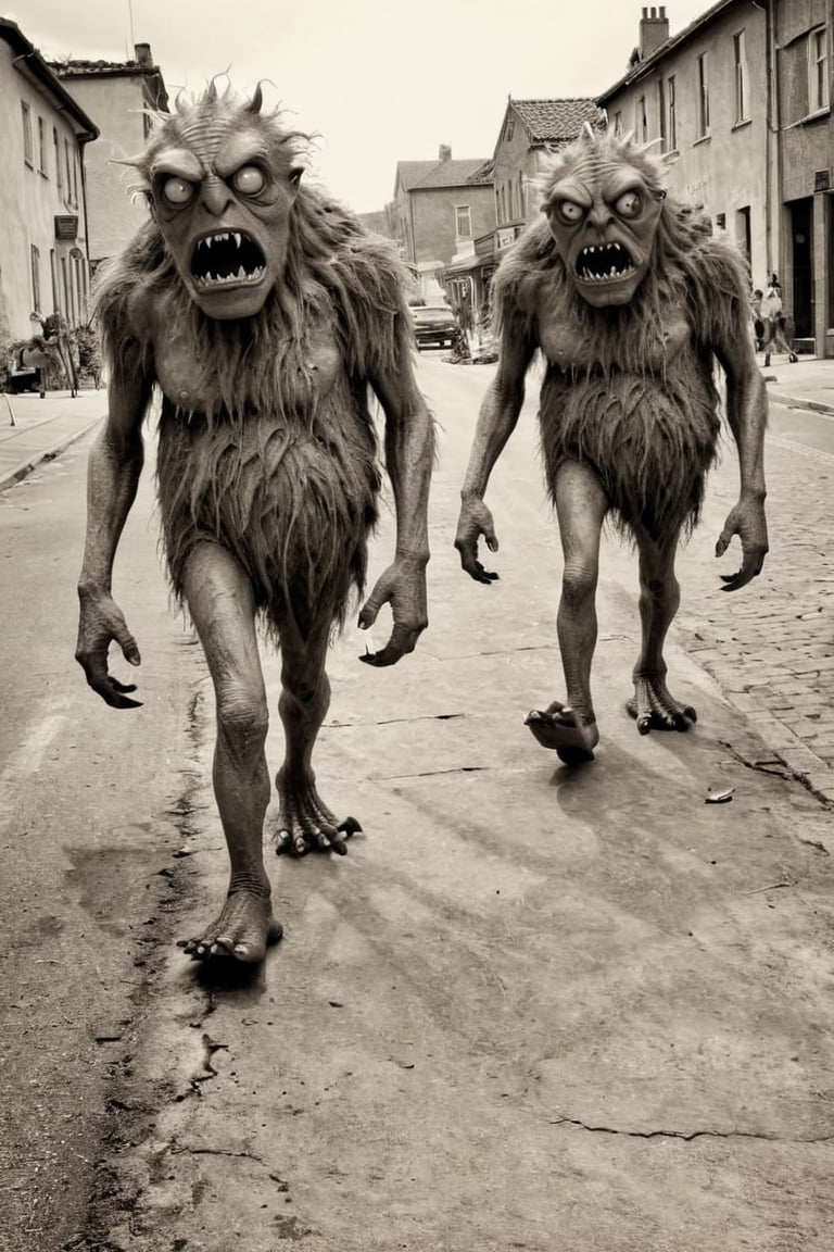 Monsters on a walk, Pixart studio, old, shabby photos, with broken corners, sepia, photorealism, hyperrealism, professional photo, ultrarealism