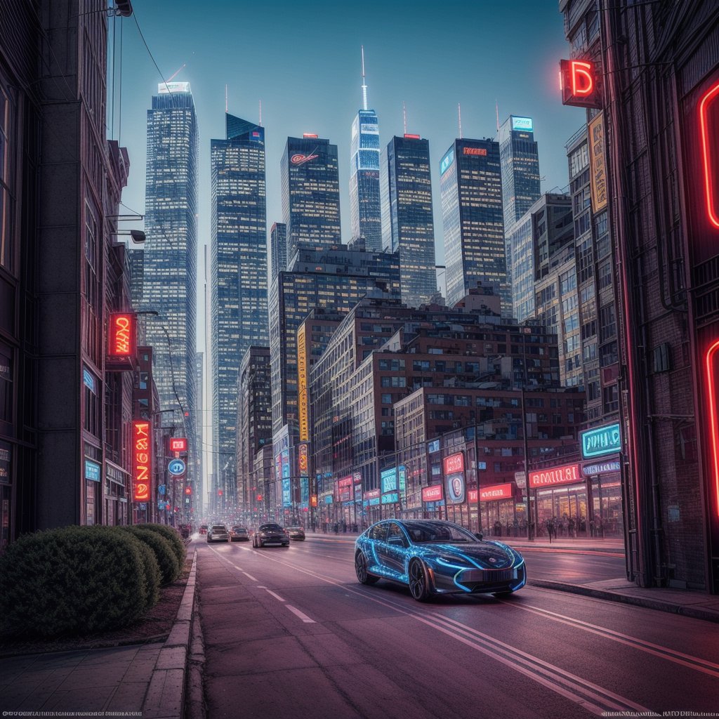 A futuristic passenger car glides effortlessly through a neon-lit metropolis. The sleek, streamlined vehicle's body glows with a soft, translucent sheen, punctuated by vibrant neon accents that dance across its surface. In the background, towering skyscrapers and holographic advertisements pierce the smog-filled sky, as a bustling cityscape hums with activity. The drawing is a masterpiece of precision and detail, capturing every nuance of this futuristic wonderland in breathtaking quality.,super_automobile,Extremely Realistic