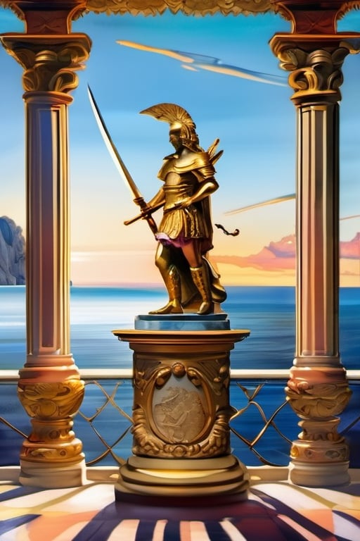 From the grand old balcony, gaze upon the endless sea and the small rocky island with a statue of a warrior, sword raised high towards the sun. Rendered in the opulent style of Baroque, with vibrant watercolor strokes.