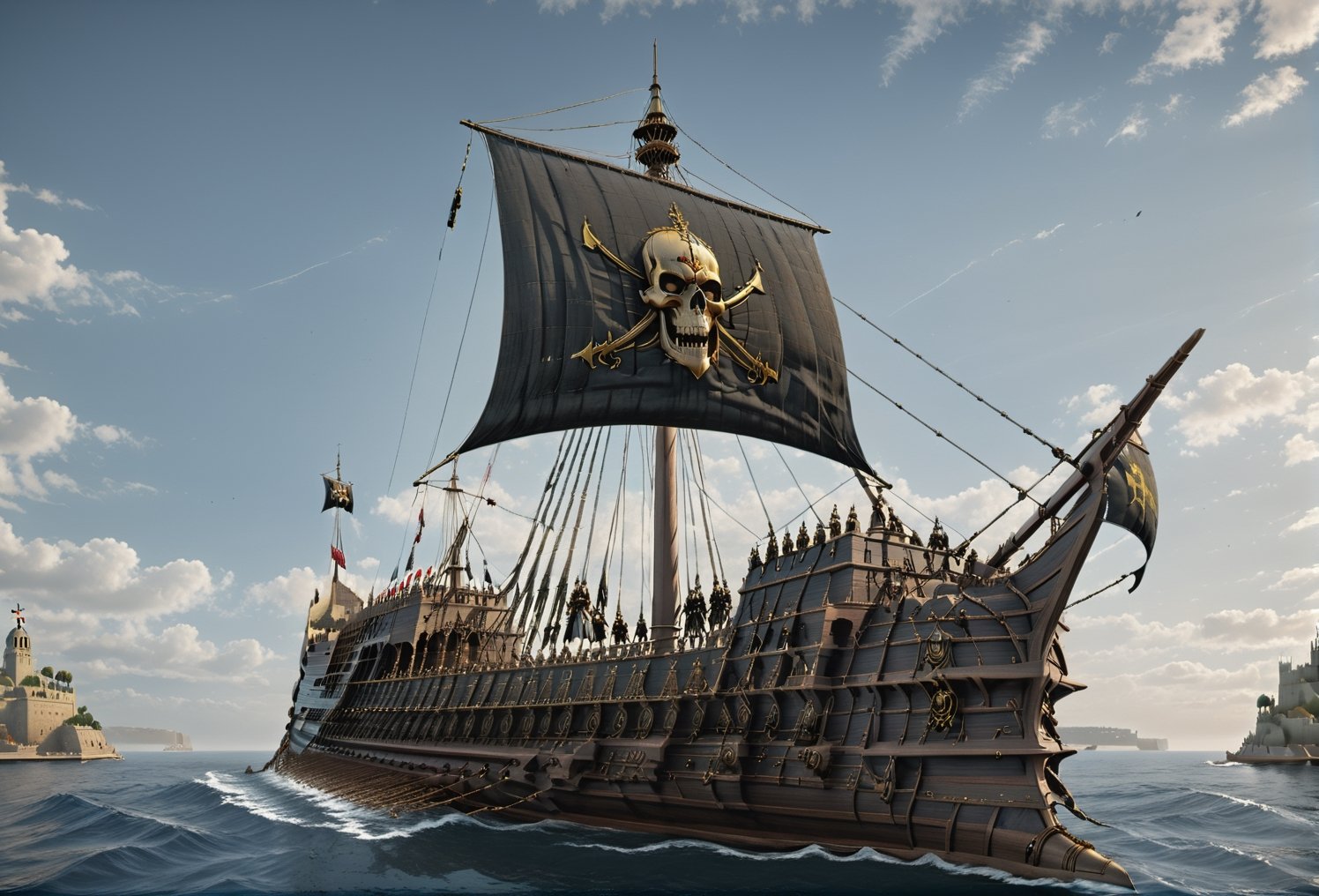 a pirate ship in the ocean with a castle in the background, character design : : gothic, dark drapery, cover art of graphic novel, iron maiden album cover, art render, ((skull)), ship in a bottle, ( ( ( horror art ) ) ), magical and alchemical weapons, author unknown, pirate flag in his arms