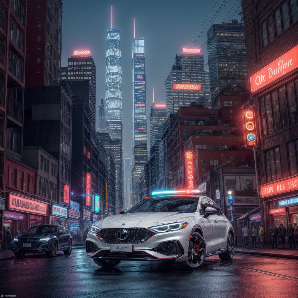 A futuristic passenger car glides effortlessly through a neon-lit metropolis. The sleek, streamlined vehicle's body glows with a soft, translucent sheen, punctuated by vibrant neon accents that dance across its surface. In the background, towering skyscrapers and holographic advertisements pierce the smog-filled sky, as a bustling cityscape hums with activity. The drawing is a masterpiece of precision and detail, capturing every nuance of this futuristic wonderland in breathtaking quality.,super_automobile,Extremely Realistic