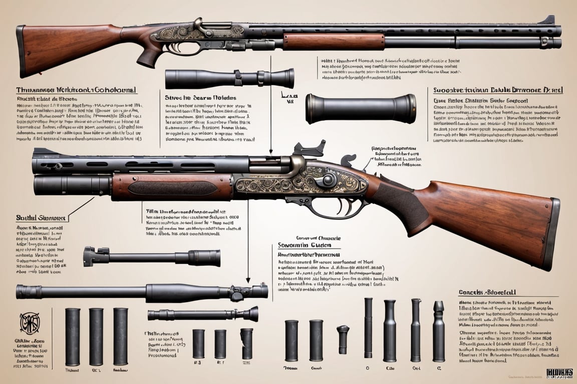 features a detailed diagram of a double-barrel shotgun, showcasing its various parts and mechanisms. The gun is displayed in a cross-sectional view, with the barrels and other components clearly visible. 

In addition to the main double-barrel shotgun, there are several other guns and firearms scattered throughout the image. Some of these guns are positioned in the background, while others are placed closer to the viewer. The overall scene provides a comprehensive understanding of the intricate workings of a double-barrel shotgun and its components.