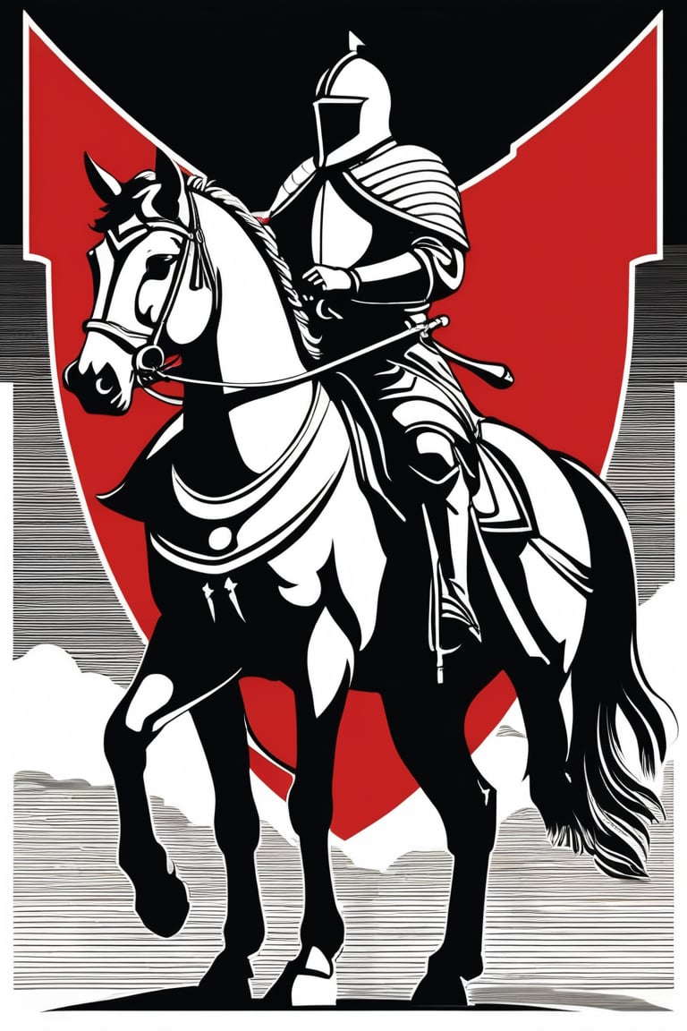 A striking illustration of a heraldic shield featuring a knight on horseback, rendered in a linear style with black outlines on a red background. The knight wears medieval armor and a closed helmet, with delicate twists mimicking a cloak and elements of his attire. The armored horse is in a dynamic pose, lifting its front legs, adding movement to the image. A ribbon beneath the shield reads "Korsow." This captivating piece showcases elements of dark fantasy, cinematography,