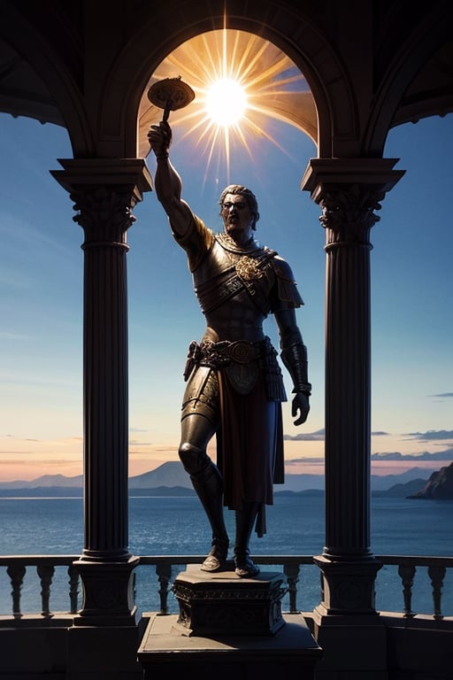 From the grand old balcony, gaze upon the endless sea and the small rocky island with a statue of a warrior, sword raised high towards the sun. Rendered in the opulent style of Baroque, with vibrant watercolor strokes.