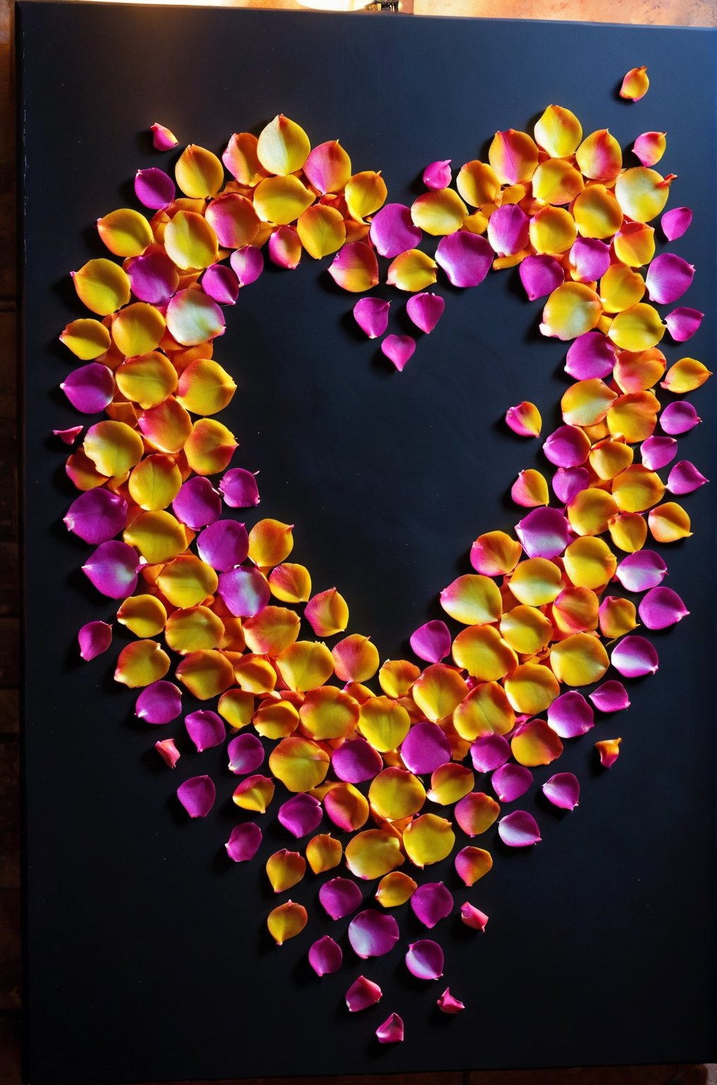 (Innovative and original abstract photograph:1.4), made of (multi-colored rose petals falling onto a black canvas:1.3) and (making up a perfect hearth silhouette:1.4), neon light, amazing artwork, serendipity art, sharp focus, intricate details, highly detailed, by God himself, ADD MORE DETAIL,glitt3r