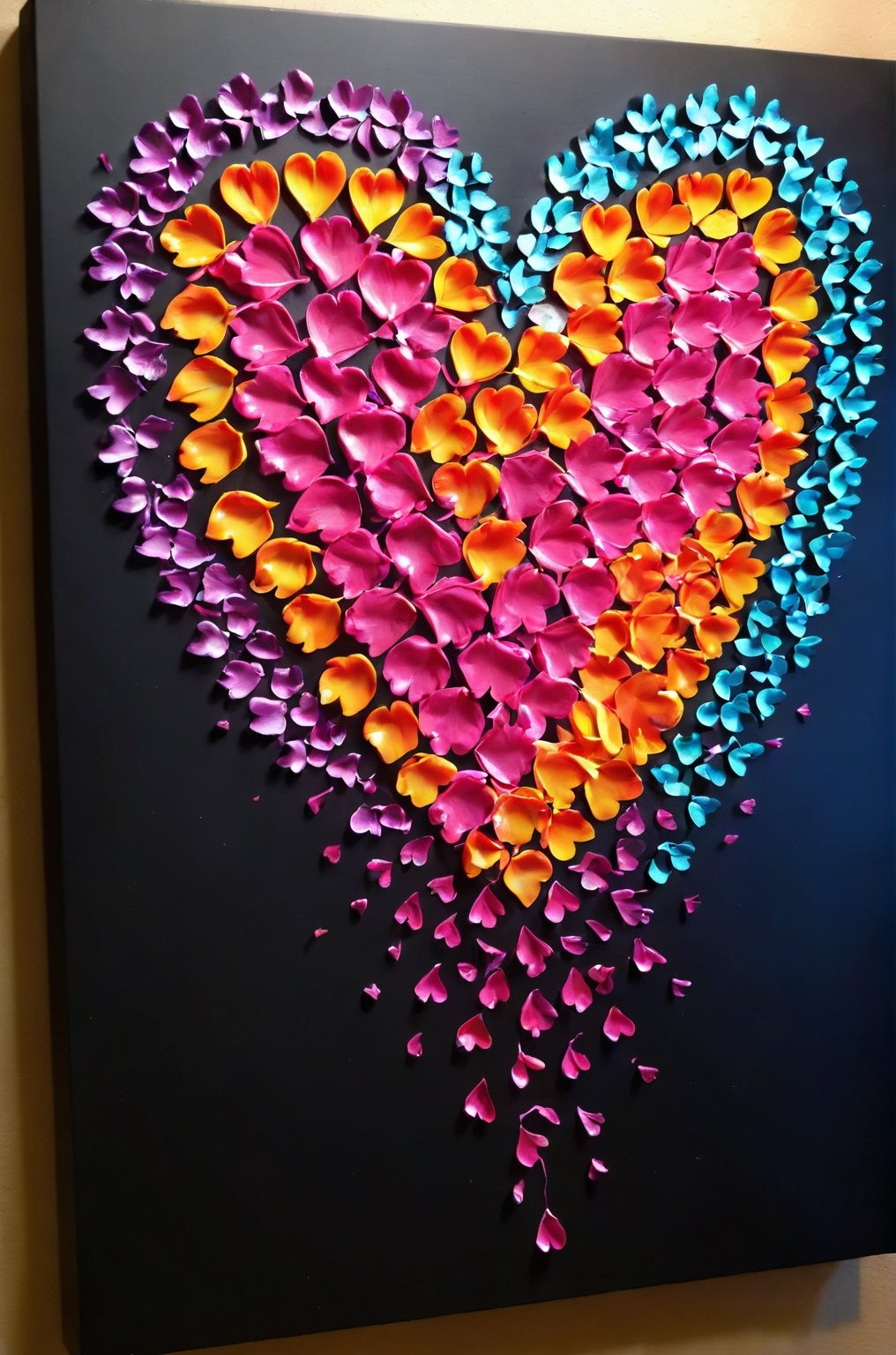 (Innovative and original abstract photograph:1.4), made of (multi-colored heart petals falling onto a black canvas:1.3) and (making up a perfect heart silhouette:1.4), neon light, amazing artwork, serendipity art, sharp focus, intricate details, highly detailed, by God himself, ADD MORE DETAIL,glitt3r