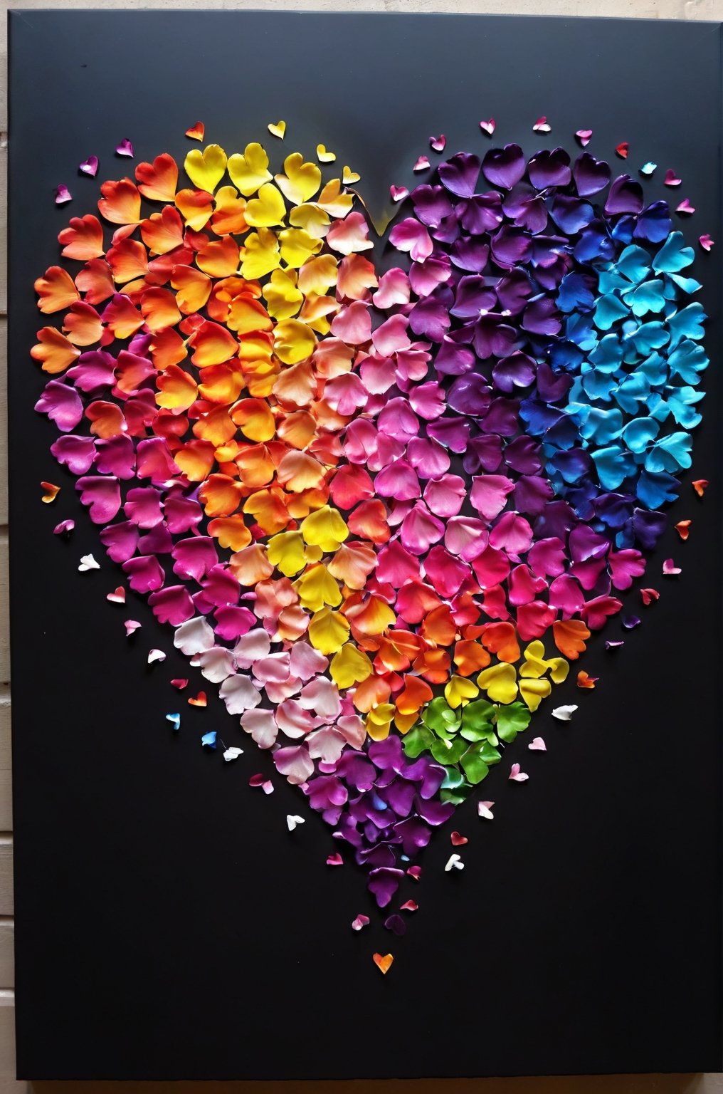 (Innovative and original abstract photograph:1.4), made of (multi-colored heart petals falling onto a black canvas:1.3) and (making up a perfect heart silhouette:1.4), neon light, amazing artwork, serendipity art, sharp focus, intricate details, highly detailed, by God himself, ADD MORE DETAIL,glitt3r