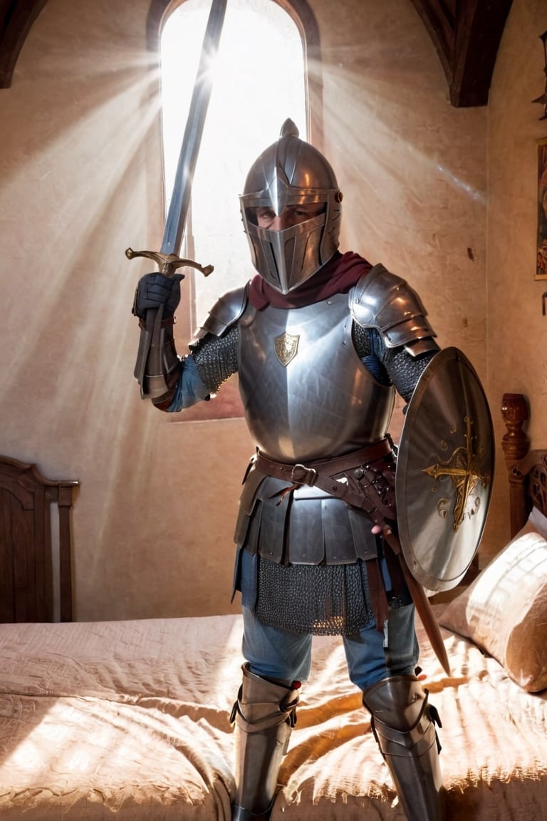 1boy, weapon, male focus, sword, indoors, armor, bed, sunlight, helmet, polearm, gauntlets, shield, light rays, sunbeam, knight, full armor