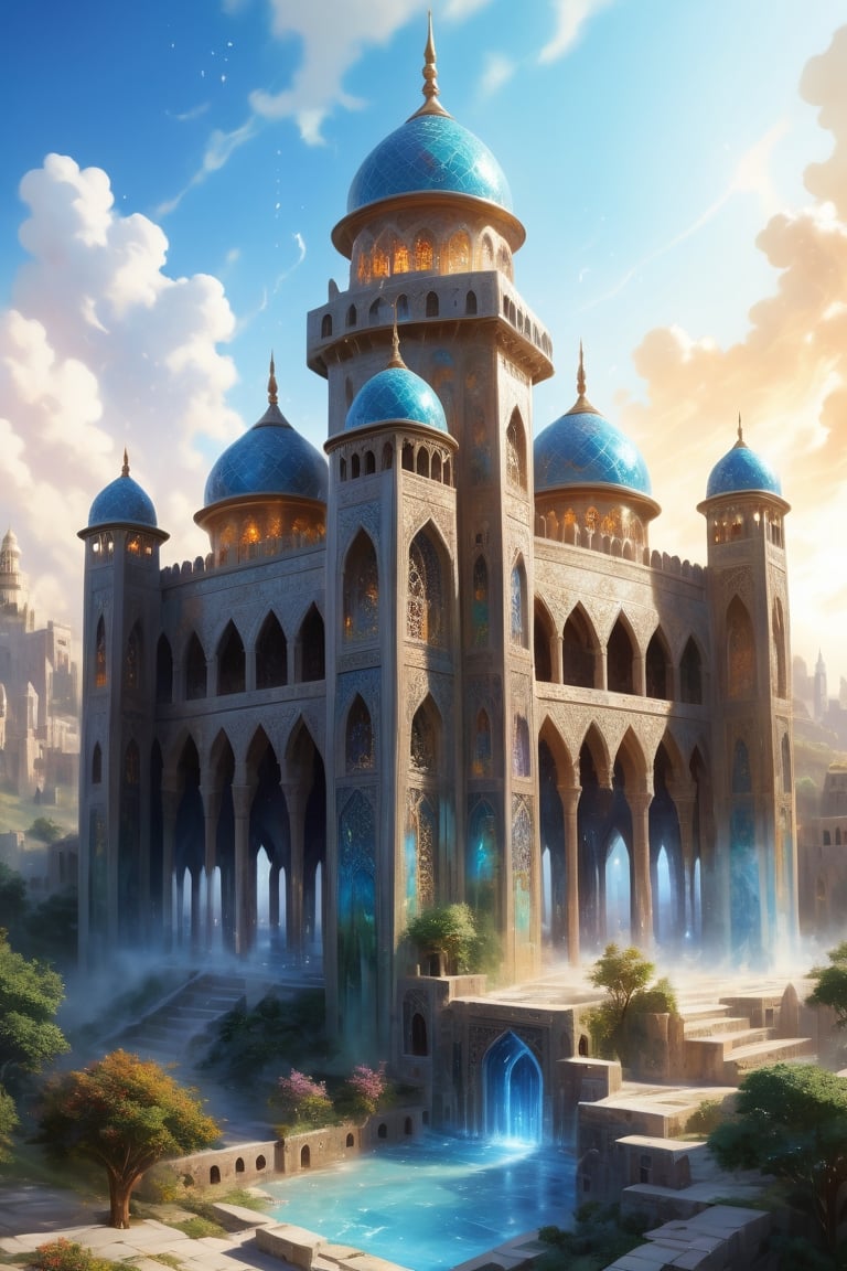 Build a mosque, Great castle, art photography, impressionism, an airbrush painting, masterpiece 8k wallpapper, visionary art style, depth of field, 64 megapixels, detailed painting, splash art, atmospheric dreamscape painting, intricate ornate anime cgi style focus, an oil painting