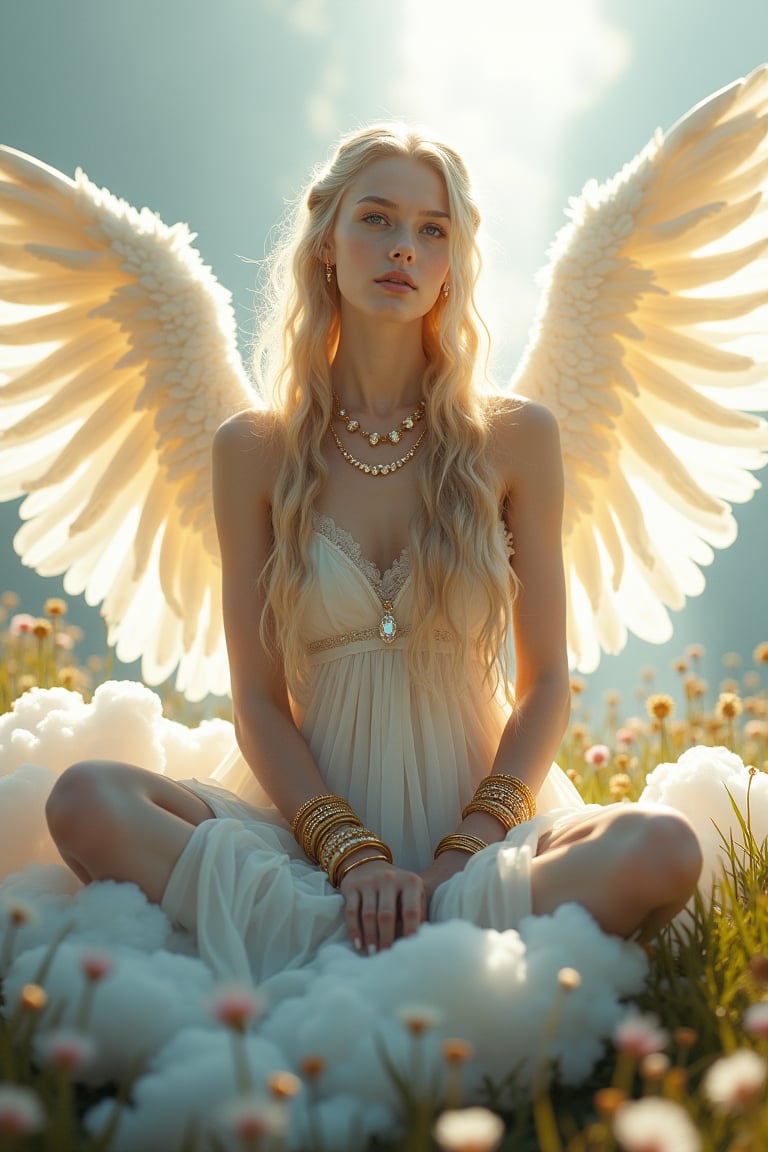 

The Divine Maiden seated on a billowy cloud, long blonde braids cascading elegantly, striking grey eyes sparkling with ethereal wisdom, snow-white luminous skin radiating an otherworldly glow, transparent veil adorned with shimmering crystals fluttering gently, delicate and airy divine garments layered with elements of crystal, intricate gold bracelets adorning arms and legs, magnificent angel wings unfurling in pure light, vibrant sun rays filtering through, illuminating her presence, lush floral meadow beneath, creating an atmosphere of serene love and tranquility, wide-angle view showcasing the heavenly realm.
