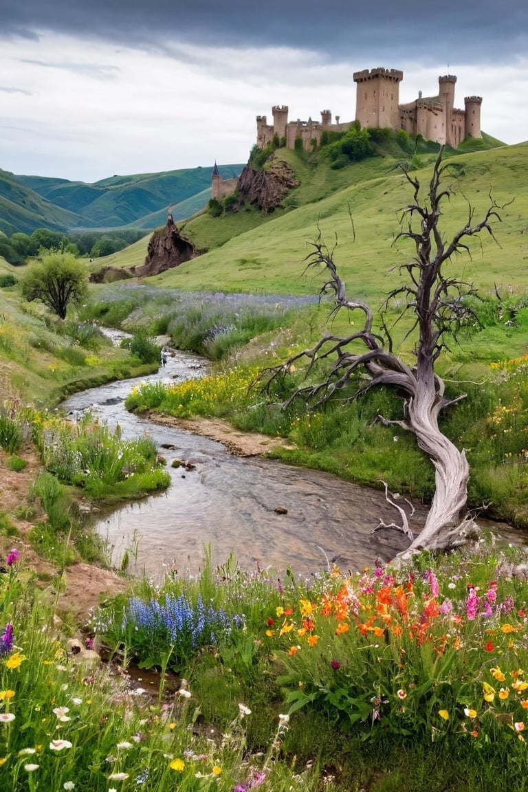 
On the left, an idyllic countryside with rolling hills, vibrant wildflowers, and a tranquil stream; on the right, a desolate wasteland, twisted trees, and a foreboding, shadowy castle perched atop a jagged cliff.
