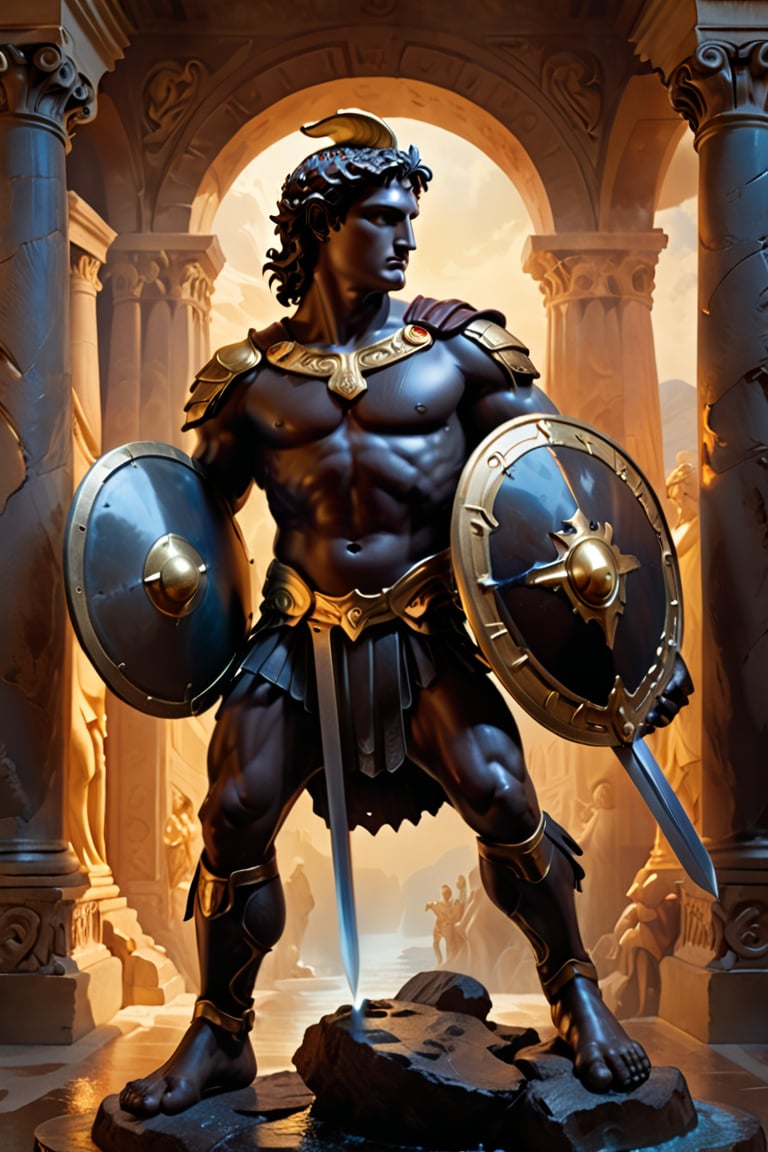 A captivating high-definition photo illustration of the legendary Greek hero Perseus, standing triumphantly with his sword and shield. The warm golden light accentuates his chiseled features and illuminates the surrounding area. In the foreground, a velvety chocolate figure begins to melt beneath his feet, adding a striking contrast to the scene. This spectacular image, styled after the work of Boris Vallejo, transports viewers into a world of mythical grandeur and mystique. The meticulously crafted details, compositional harmony, and dark fantasy theme make it a striking poster, painting, or 3D render that invites further contemplation and admiration., poster, painting, conceptual art, photo, architecture, typography, 3d render, vibrant, dark fantasy, cinematic, illustration