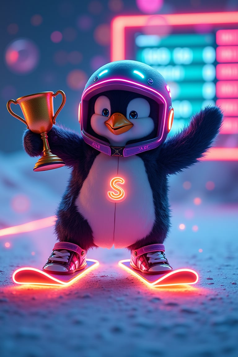 A cinematic-style medium shot of a futuristic, stylized penguin called "Win Penguin". The penguin is wearing a helmet adorned with neon lights and is riding on a pair of neon snowboards. There is a glowing trail behind the penguin. The penguin has a glowing "S" symbol on its chest. The background contains a tournament leaderboard. The penguin holds the neuro-winner's cup with his wings. The overall artwork combines elements of illustration, cinematic design, and photography, creating a bold and vibrant portrait.