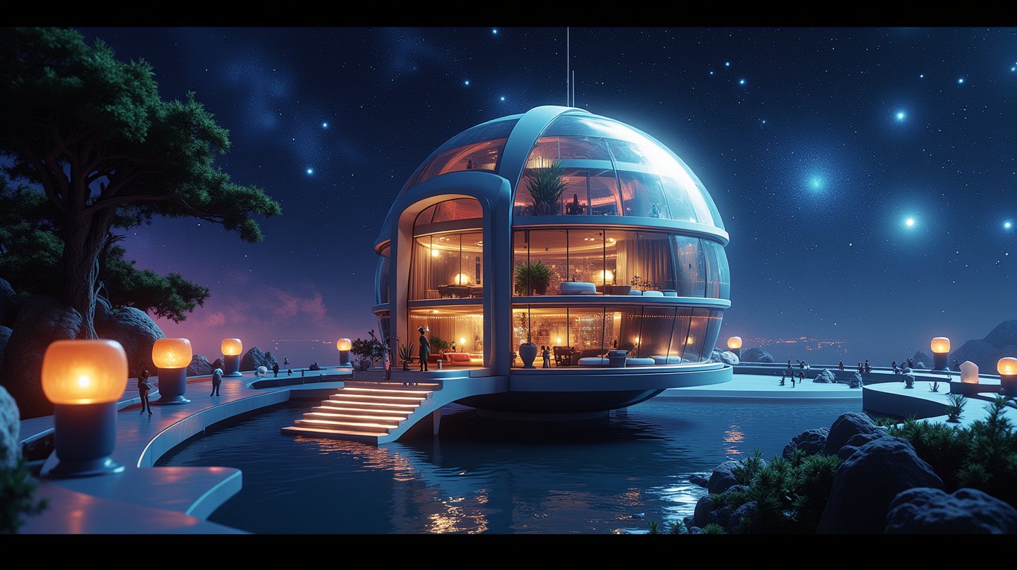 
Photo film from the 2000s of a spherical hotel in orbit called "Cosmic Retreat". The hotel has transparent walls, showcasing a starry vista of the cosmos. Inside, there are serene cabins with anti-gravity beds floating. There's a lush zero-gravity garden with bioluminescent plants. There are flowing display screens mapping the cosmos and panoramic observation decks for meteor showers. There's a futuristic cafe with a unique "space menu". The hotel uses eco-friendly technology to recycle water and air. There are immersive virtual tours to distant planets. Less

