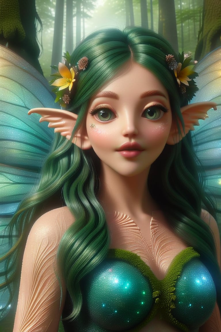 In a lush, verdant forest, a whimsical fairy stands amidst a tapestry of vibrant flora, her delicate features aglow in soft, ethereal light. Her big, beautiful eyes sparkle like gemstones, while her green hair flows like a river of emeralds, adorned with intricately woven flowers that seem to dance in the gentle breeze. The fairy's petite nose and plump cheeks give way to a mischievous grin, as if she's privy to a secret only the forest can share. Boris Vallejo-inspired fantasy art comes alive in this high-definition CGI masterpiece, showcasing the enchanting beauty of nature with meticulous attention to detail.,fairytale,tpgrtfiry,Fairy,DonMF41ryW1ng5XL