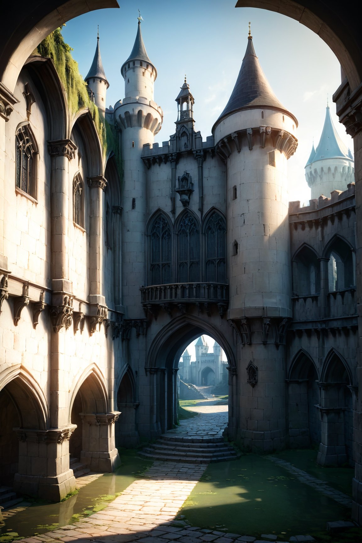 an old Gothic castle, with partially collapsed castle walls, a moat around the castle and an earthen rampart, a descending bridge over the moat, a large gate. Gothic, fantasy, aesthetics, Professional photo, focus on the castle courtyard, ISO- 250