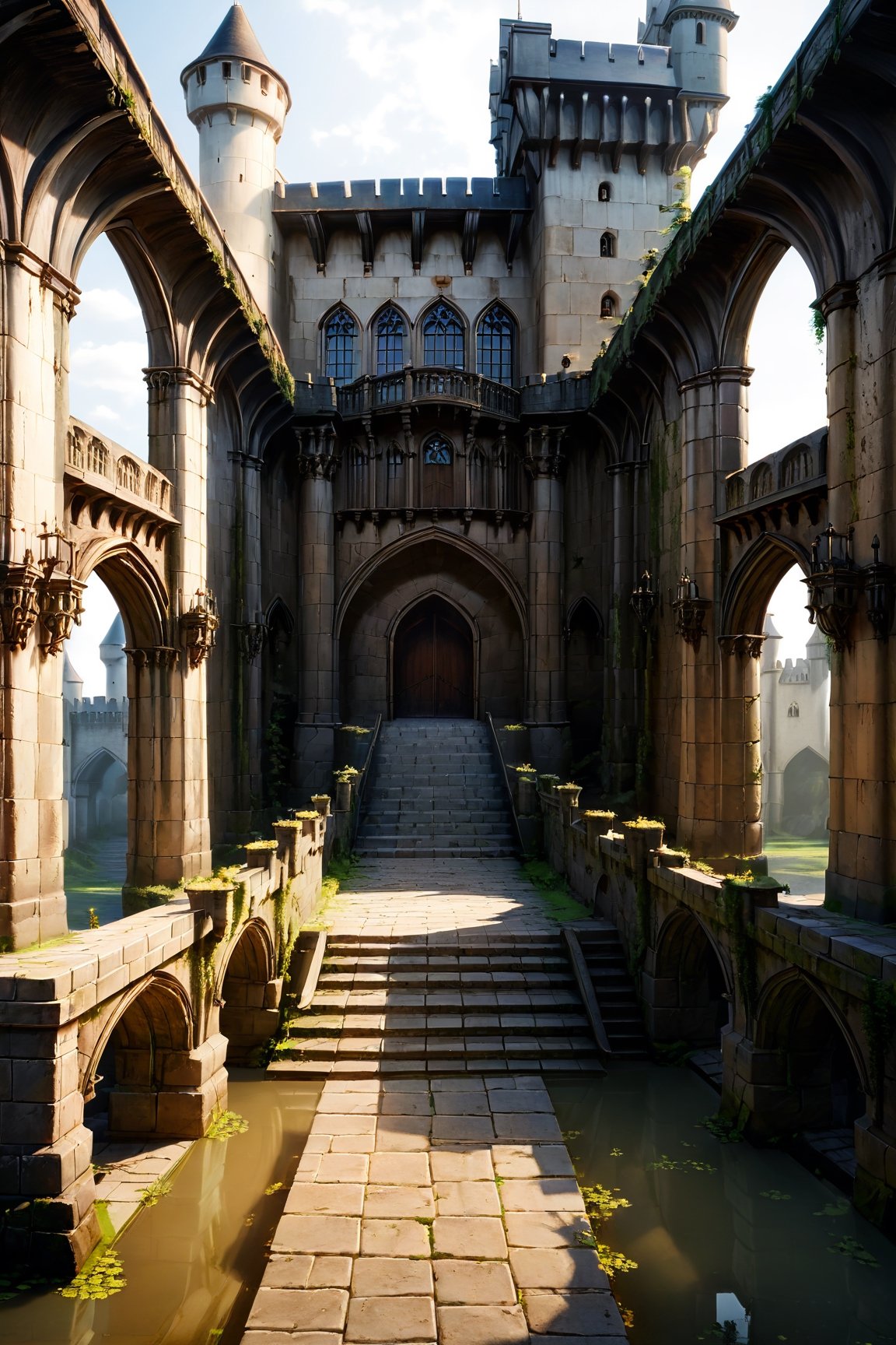 an old Gothic castle, with partially collapsed castle walls, a moat around the castle and an earthen rampart, a descending bridge over the moat, a large gate. Gothic, fantasy, aesthetics, Professional photo, focus on the castle courtyard, ISO- 250