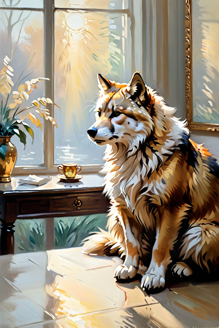 A serene and intimate portrait of a luxurious furred subject,  bathed in soft,  impressionistic light. The warm tones of t...