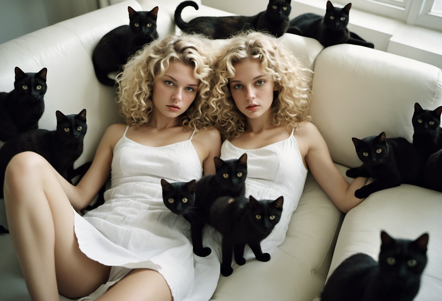 Photo of a blonde woman, perm wavy hair, white sundress, on sofa, surrounded by a group of black cats. Fine art photography, iconic, dynamic angle, dynamic pose, macro, photograph, sharp, focussed, Lomography Color 100, F/14, World-renowned, (designed by Olivier Valsecchi:1.2), beautiful detailed supreme quality color intricate, extremely stylish, deep aesthetic, sharp focus, magnificent, dynamic dramatic composition