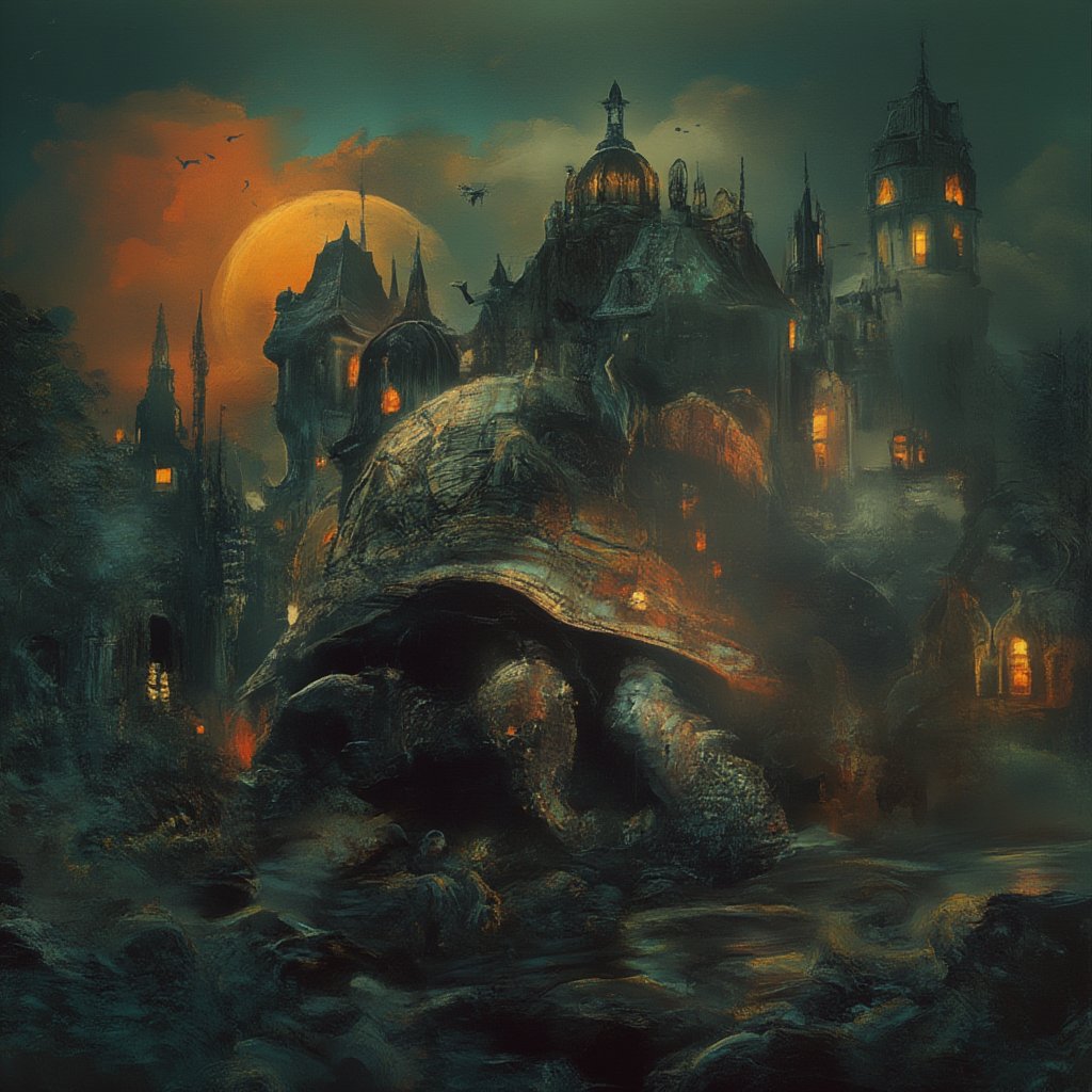 Moonlit Realm: A majestic turtle navigates through a veil of misty darkness, its shell transformed into a Gothic castle with intricate spires and arches aglow under the lunar light. The air is heavy with mystery as lush foliage surrounds the scene, blending rich textures with whimsical realism. Deep shadows and radiant highlights evoke an otherworldly atmosphere, reminiscent of Boris Vallejo's mystical realms.,vibrant painting,tangtengpho