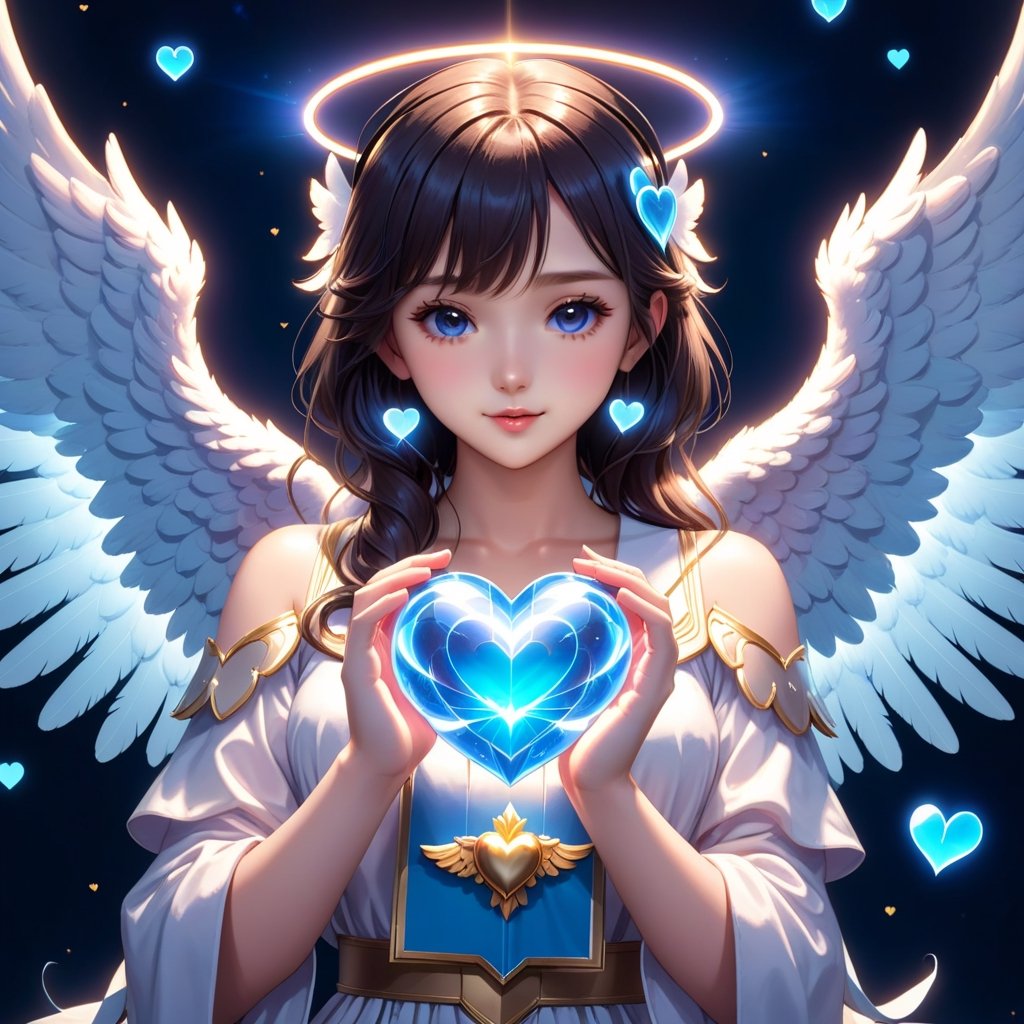 a girl with angel wings holding a heart, detailed game art illustration, 🎀 🪓 🧚, global illuminaition, an ai generated image, circle, 2 0 1 9 anime, focus on card, epic music album cover, lower quality, the artist has used bright, blue image, healer, reluvy5213