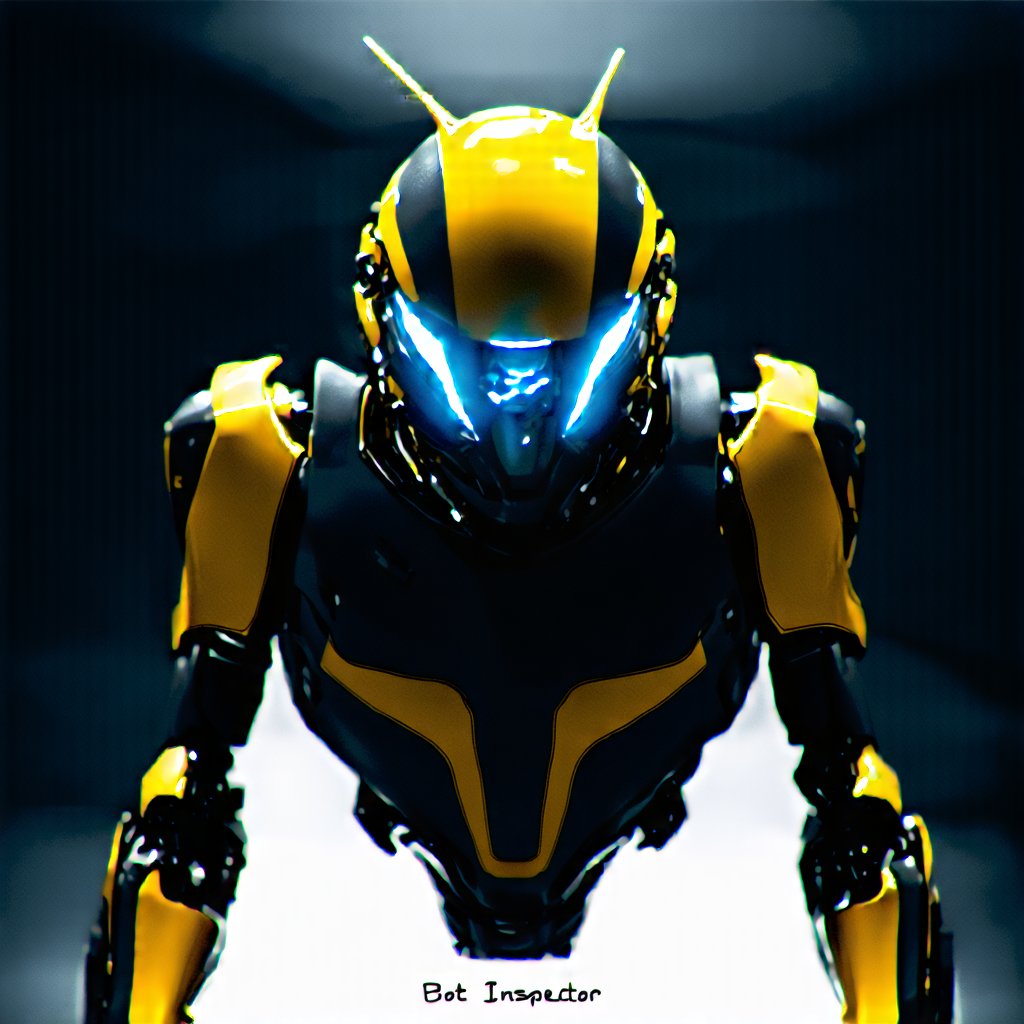 A stylized robotic figure with a dual-colored helmet, predominantly black and gold. The helmet has a sleek design with sharp edges and glowing blue eyes. The robot's chest and shoulder area are also colored in gold, with intricate mechanical details visible. The background is dark, emphasizing the robot's vibrant colors. The word 'BOT INSPECTOR' is prominently displayed below the robot, suggesting its name or the title of a game or project.